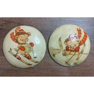 Vintage Skiing Teddy Bear Plaster Wall Plaques Round With Hooks D4